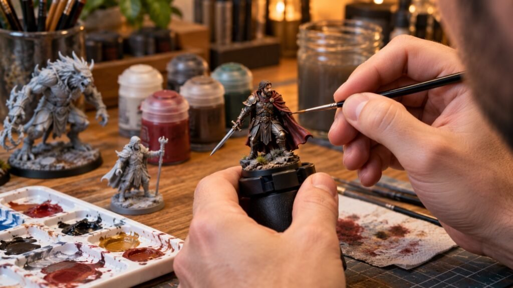 Pessoa pintando miniatura de guerreiro com pincel fino, tintas e figuras de fantasia sobre mesa de hobby.