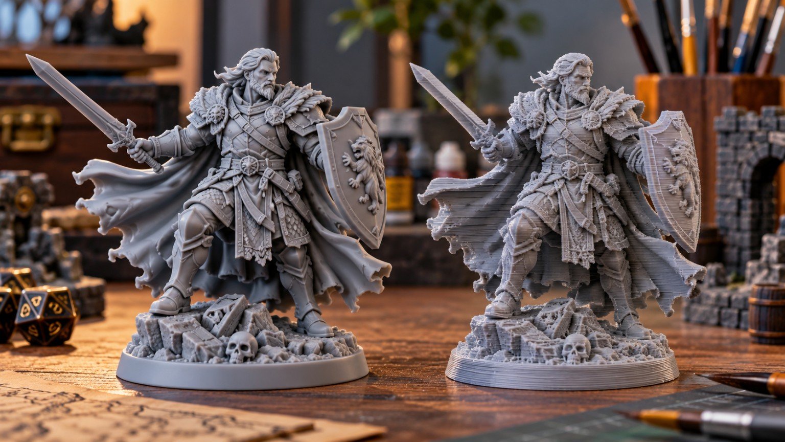 Miniaturas em resina ou filamento lado a lado, comparação ilustrativa do acabamento das peças.
