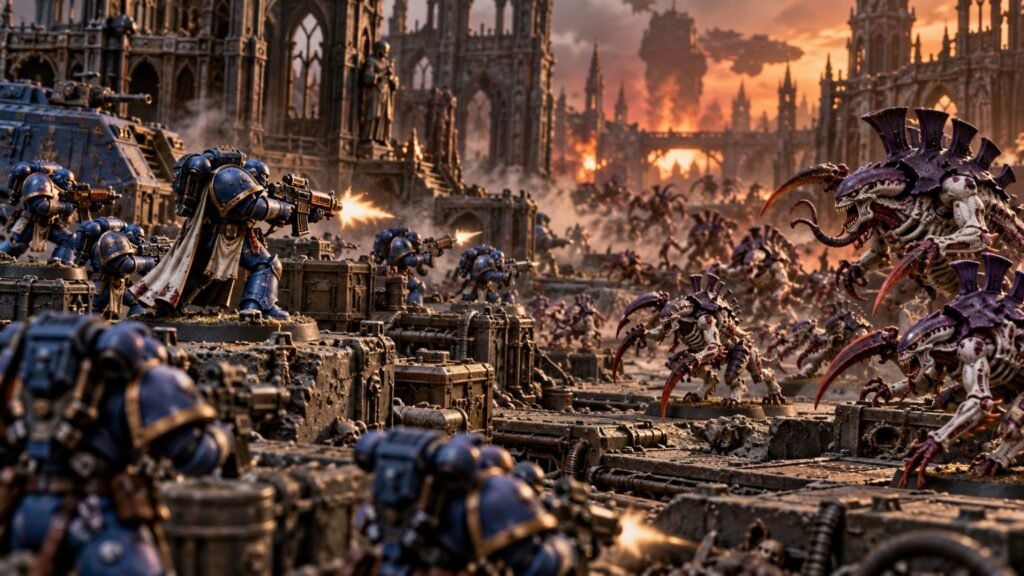 Campo de batalha de ficção científica com soldados futuristas e criaturas alienígenas em miniatura.