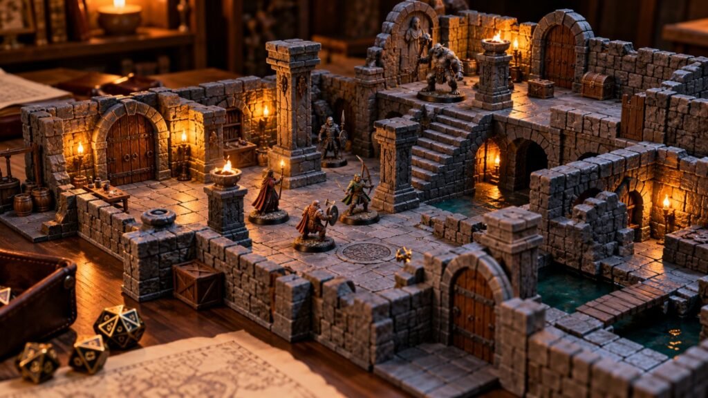 Cenário modular de dungeon para RPG com paredes de pedra, tochas e miniaturas de aventureiros.