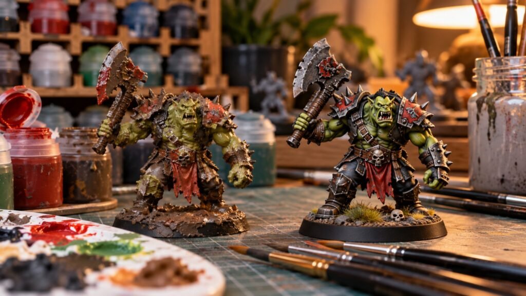 Comparação entre duas miniaturas de orc, uma com pintura irregular e outra com acabamento detalhado.