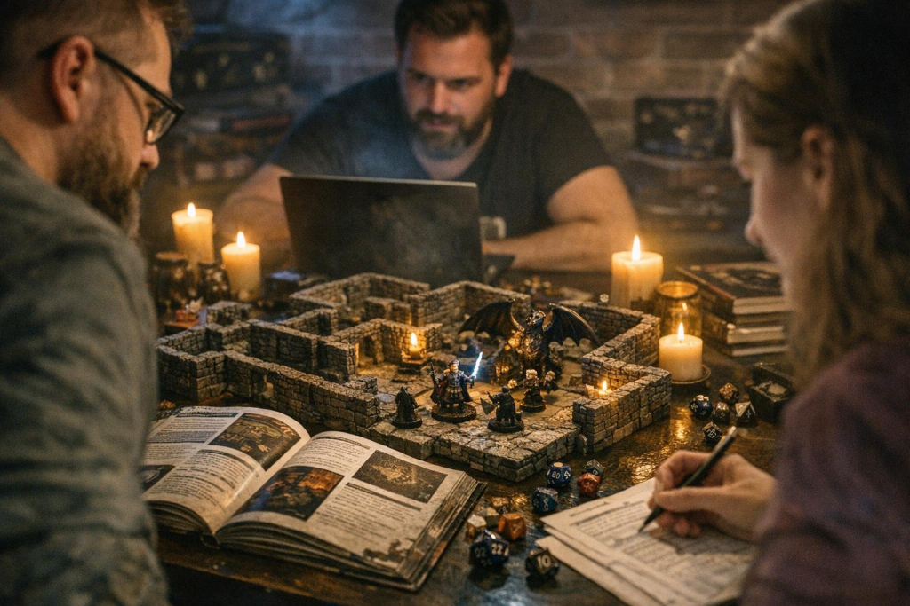 Jogadores com mapa, fichas e miniaturas em uma partida de RPG de mesa