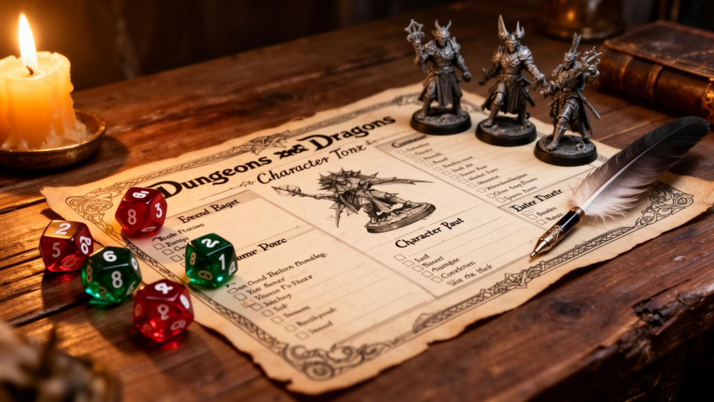 Ficha de personagem, dados e miniaturas sobre uma mesa de RPG