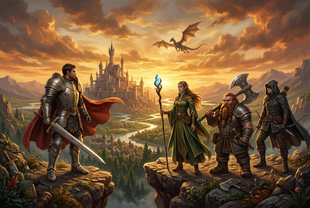 Ilustração de aventureiros diante de um castelo de fantasia e um dragão